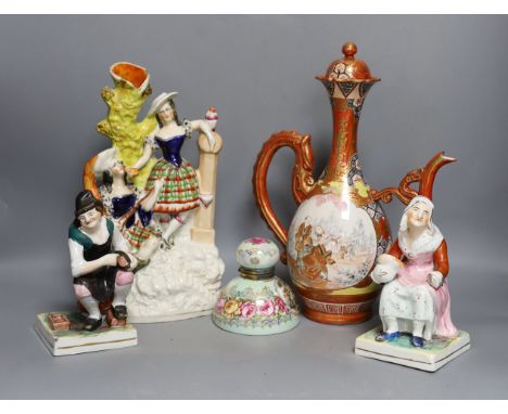 A Victorian Staffordshire flatback group, a pair of Staffordshire figures, an inkwell and a Japanese kutani coffee pot 32cm