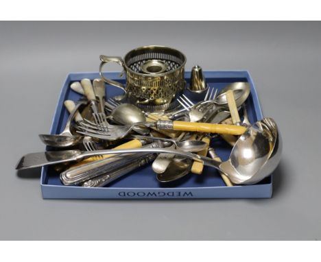 Mixed plated items including chamberstick, pair of fish servers, plated soup ladle and other flatware.