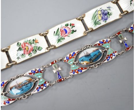 A Norwegian sterling and enamel floral bracelet, 16cm and one other 800 white metal and enamel bracelet, 19cm.