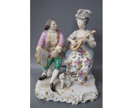 A 19th century Samson of Paris porcelain figure group of a lady playing a mandolin to her teacher 22cm