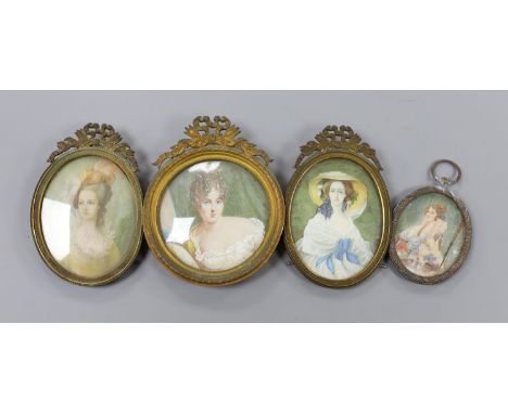 A group of four brass framed portrait miniatures on ivory, late 19th century