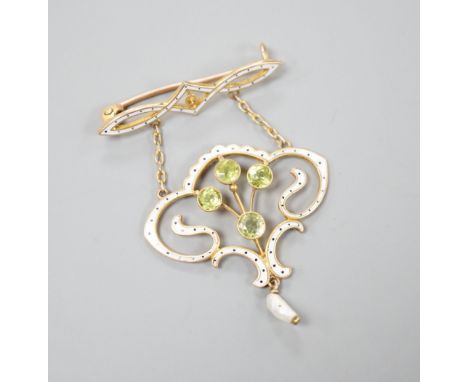An Edwardian Art Nouveau, 9ct white enamel and baroque pearl set drop brooch, maker L &amp; Co, 42mm, gross weight 4.4 grams.