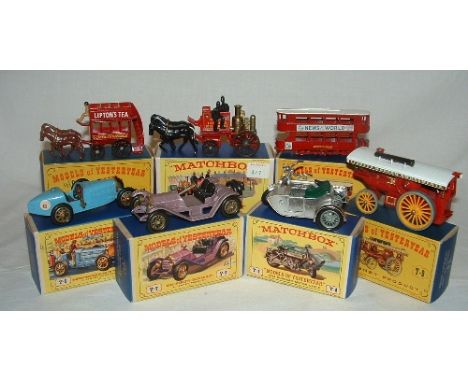 MATCHBOX Models of Yesteryear -7 x early 1960's Models - Y6 Blue Type 35 Bugatti, Y7 Lilac Mercer Raceabout, Y8 1914 Chrome P