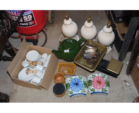 A quantity of china, lamps, coffee set,scales etc.
