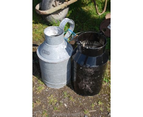 A black painted galvanised milk churn style planter and galvanised pitcher