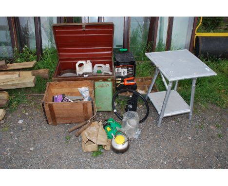 A cased Taymar blow lamp, camping stove, table pigeon hole box, tin trunk, etc.