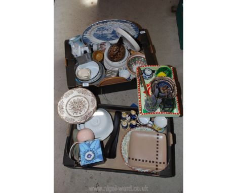 Miscellaneous china including blue and white meat plate, lamp etc
