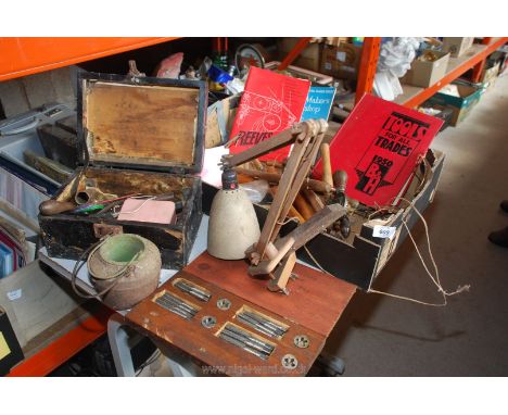 A glue pot, angle poise lamp, wood working equipment, Whitworths taps and dies, etc.