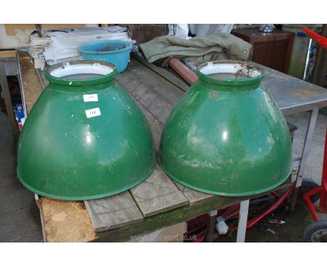 Two large industrial lamp shades, 18" x 12" high.