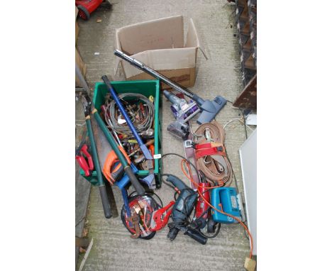 An Electric drill, (No plug), 4 1/2" angle grinder, wire strainer plastic tray of tools and saws, vacuum cleaner attachments.