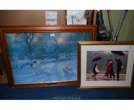 A Jack Vettriano print and a snow scene print.