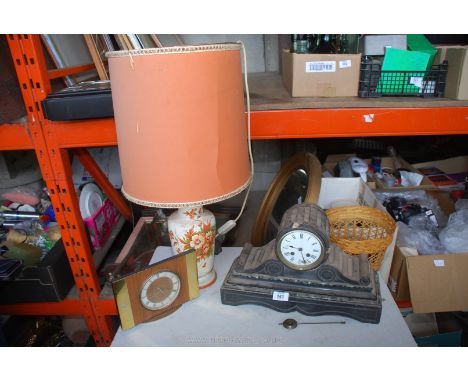 A china lamp, clock, marble mantle clock (a/f), etc.