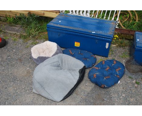 A blue metal trunk, 39'' x 22'', etc.