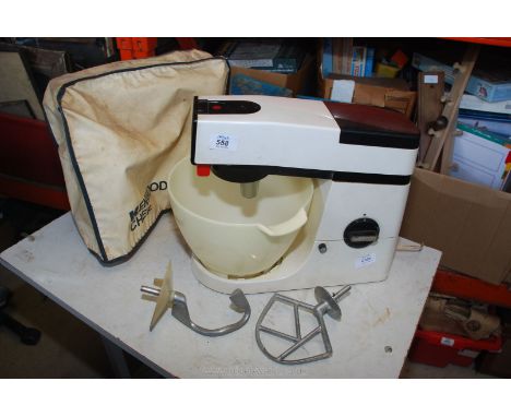 A Kenwood mixer with K and dough hook, and cover (plug damaged).