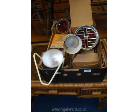 A box of lamps including sun lamp, reflector etc.