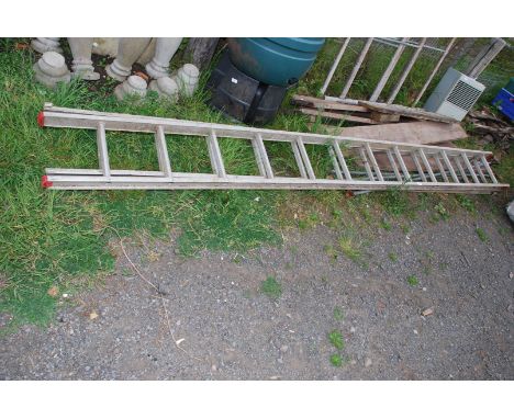 A twelve rung double aluminium ladder.