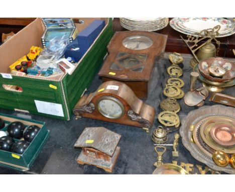 An oak cased wall clock, a music box and an oak cased mantle clock AF