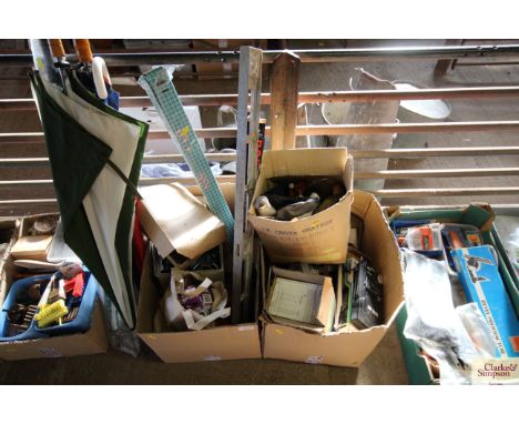 Two boxes containing shelf brackets, spirit level, electrical connectors, LED light bulbs etc.