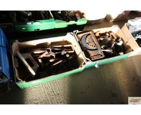Two tray boxes of vintage tools to include brushes; hand drills; chisels; saws etc