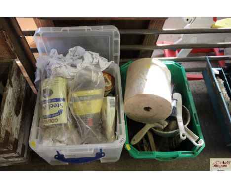 Two plastic boxes containing various tools to include brushes, dustpan, sponge, steel wool, linseed oil, other varnishes etc.
