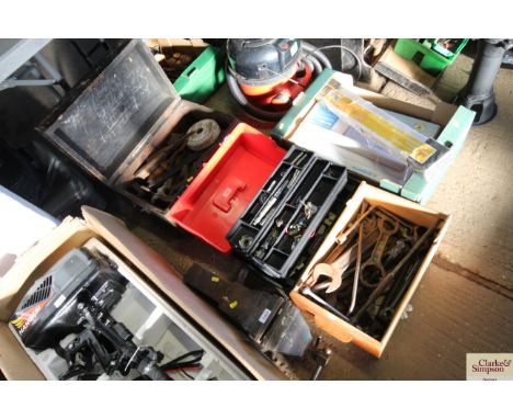 Three boxes of various tools to include large spanners; saws; chisels; planes and various electrical fuses and fittings