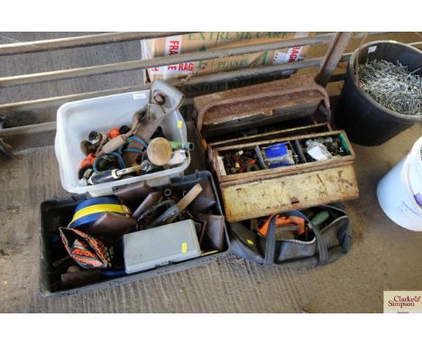 Four boxes of various tools to include hand brace, saws, bolts, screws etc.