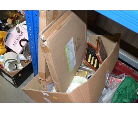 A box containing a York corner shelf; various decorative china; boxed fish knives and forks etc