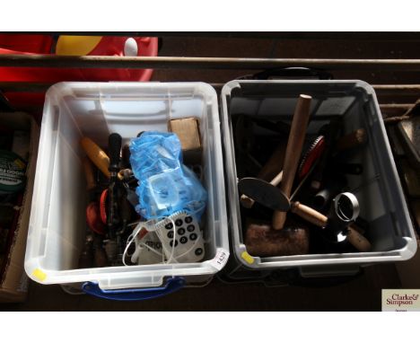 Two boxes containing various hand tools to include; adjustable wrench's, braces, wooden mallet etc.