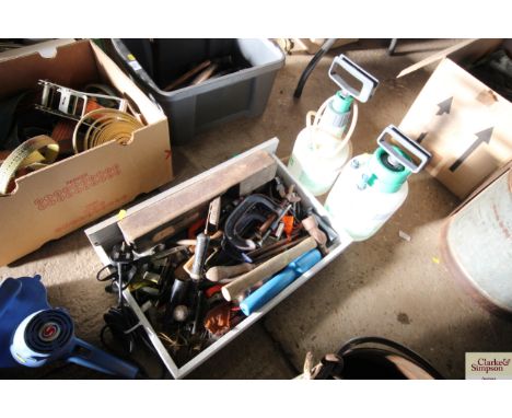 Two garden spray bottles and a tray of various tools to include clamps; planes; hammers etc