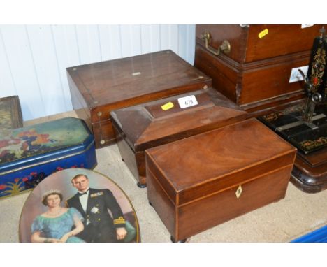 A mother of pearl inlaid sewing box (AF), a mahogany two compartment tea caddy and another mahogany three compartment tea cad