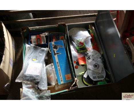Two boxes containing strimmer wire, cable ties, a bevel protractor etc.
