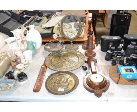 A collection of brass wall plaques; dressing table mirror AF; wooden table lamps; inlaid barometer and a mother of pearl inla