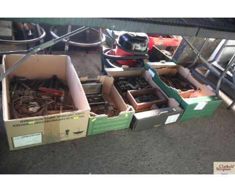 Four boxes of various tools to include scrapers; files; clamps; various door furniture, locks; hinges etc