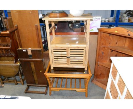 A pine corner shelf; a cane and glass topped table and a side cupboard lacking drawer