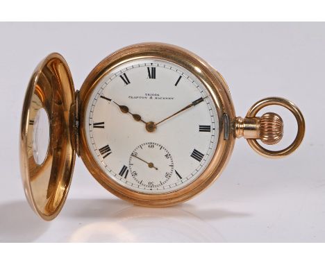 Gold plated half hunter pocket watch, the case with blue enamelled Roman numerals, the white enamel dial with Roman numerals 