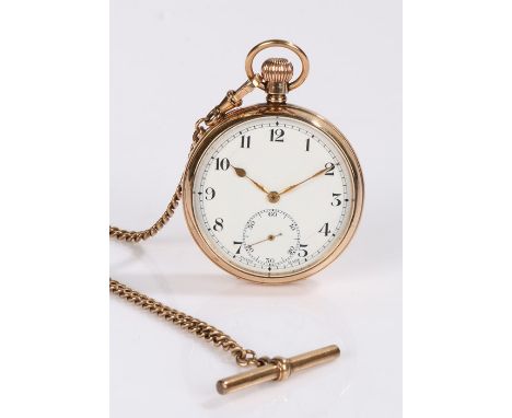 9 carat gold open face pocket watch, the white enamel dial with Arabic numerals and subsidiary seconds dial, crown wound, the
