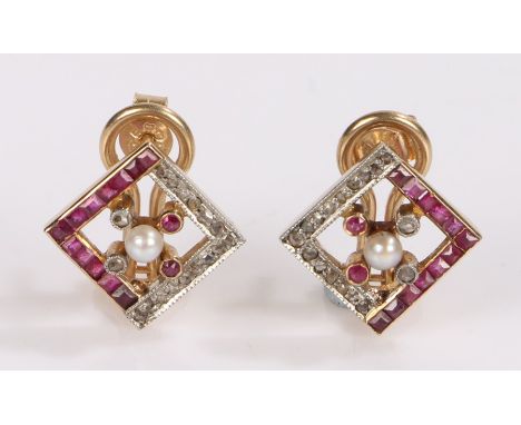 Pair of Art Deco earrings, with a central pearl with a diamond and ruby surround, 10mm diameter 