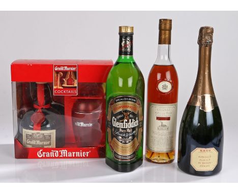 Spirits, to include Hine Cognac, 70cl, 40%, Glenfiddich Scotch Whisky 1Lt, 40%, Grand Marnier 70cl, 40% and a bottle of Krug 