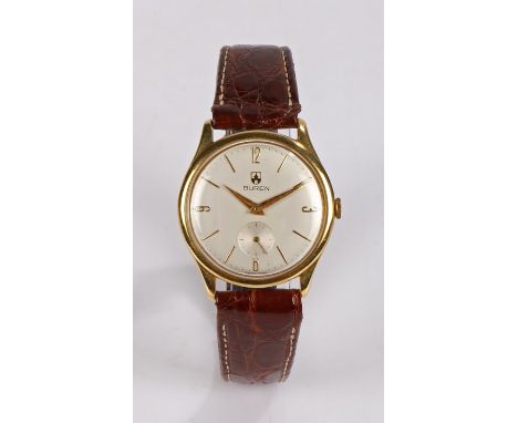 Buren 18 carat gold cased gentleman's wristwatch, the signed silver dial with Arabic and baton markers, subsidiary seconds di