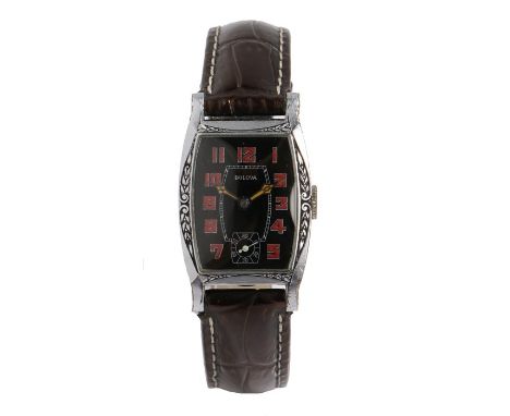 Bulova Templan Art Deco gentleman's wristwatch, Circa 1929, the signed black dial with red Arabic markers, subsidiary seconds