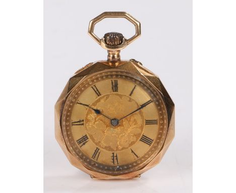 14 carat gold open face pocket watch, the gilt dial with Roman numerals and foliate decorated centre, the engine turned and s