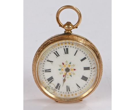 Ladies continental 14 carat gold open face pocket watch, the white enamel dial with Roman numerals, key wound, the case 38mm 