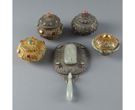 A lovely grouping of Chinese silver objects inlaid with a variety of semi-precious stonesDimensions: Mirror: 9 in. x 4 3/8 in