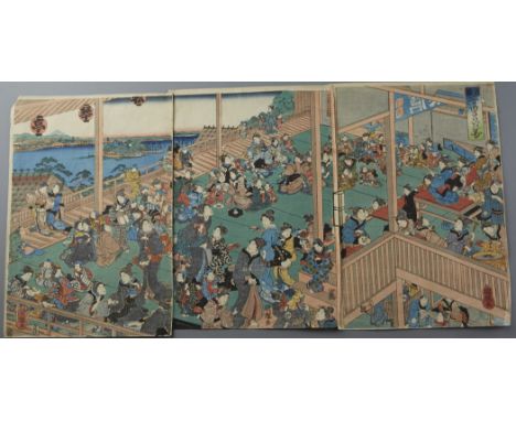 Group of two Japanese woodblock triptychs. One by Utagawa Fusatane featuring an interior scene with several women and childre