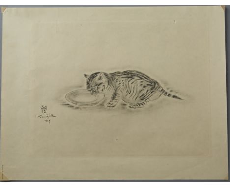 Leonard Tsuguharu Foujita, (Japanese/French, 1886-1968): Collotype on Japanese vellum from A Book of Cats, 7.75" x 10.25" pla