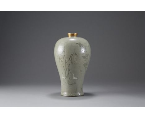 Very fine stoneware maebyong vase that is evenly proportioned with high rounded shoulders rising from a cylindrical stem, eve