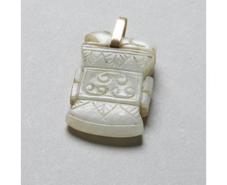 A striking jade pendant. Excellent to function as everyday jewelry. Bale well made of unmarked gold. Dimensions: 1 1/2 in. x 