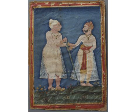 Indo-Persian illuminated page depicting a double portrait of two men. The painting is dry mounted onto a board. Dimensions: 7