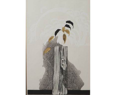 Group of two embossed woodblock prints with gilt highlights by Reika Iwami. One titled "Song of Water" features a leafy trunk