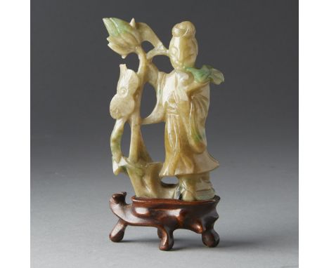Fine example of a jade carving, deep green with pale highlights, original finely carved standDimensions: 4 1/2 in. x 2 in. x 